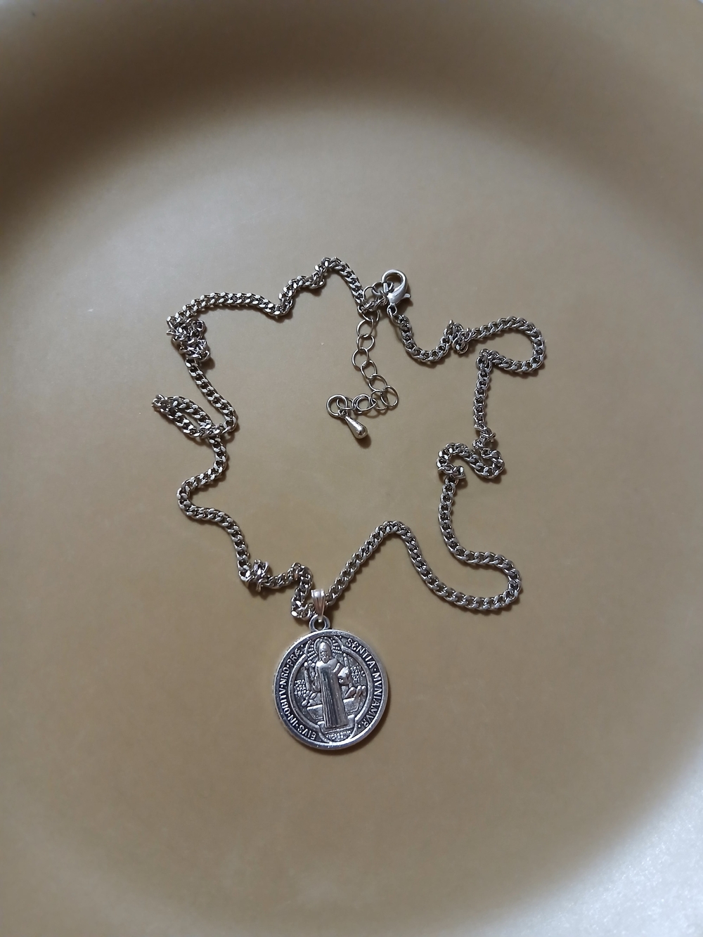 Silver Saint Benedict Medal Necklace - Silver Tone